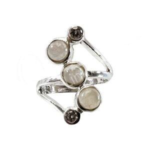 STERLING SILVER - RING, ADJUSTABLE 3 FACETED RAINBOW MOONSTONES & 2 ZIRCONS 0.75"W