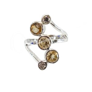 STERLING SILVER - RING, ADJUSTABLE 3 FACETED CITRINES & 2 ZIRCONS 0.75"W