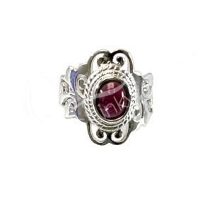 STERLING SILVER - RING, ADJUSTABLE BIG JALI OVAL GARNET 0.45"W