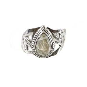 STERLING SILVER - RING, ADJUSTABLE PAN JALI TEARDROP RAINBOW MOONSTONE