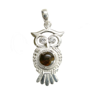 STERLING SILVER - PENDANT OWL BLUE TIGER EYE 0.75"W X 2"L