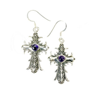 (CLOSE OUT) STERLING SILVER - EARRINGS MEDIEVAL CROSS AMETHYST 0.75"W X 1.75"L