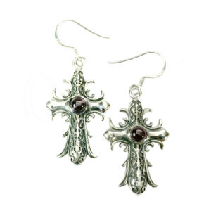 (CLOSE OUT) STERLING SILVER - EARRINGS MEDIEVAL CROSS GARNET 0.75"W X 1.75"L