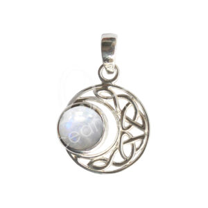 Rainbow Moonstone Celtic Moon Sterling Silver Pendant