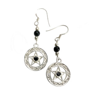 STERLING SILVER - EARRINGS PENTACLE BLACK ONYX 2"