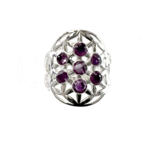 STERLING SILVER - RING, ADJUSTABLE FLOWER OF LIFE AMETHYST 0.75"
