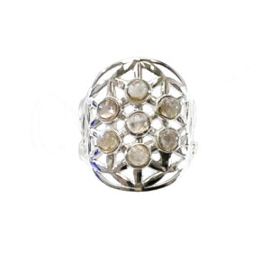 STERLING SILVER - RING, ADJUSTABLE FLOWER OF LIFE RAINBOW MOONSTONE 0.75"
