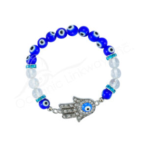 Evil Eye Glass Beads Crystal Quartz Bracelet with Hand of Fatima 8 mm 7.25"