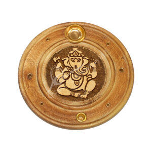 Round Wood Laser Carved Ganesha Incense Holder (Pack of 3)