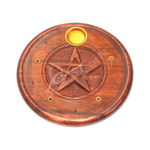 Round Wooden Incense Holder with Embossed Pentacle