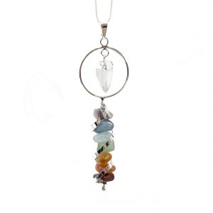 PENDANT - CHAKRA TUMBLED STONES WITH CRYSTAL QUARTZ POINT 3-3.5"