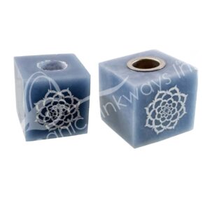 Angelite Cube-Shaped Mini Candle Holder with Lotus Flower Design