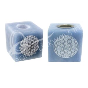 Angelite Cube-Shaped Mini Candle Holder with Flower of Life Design