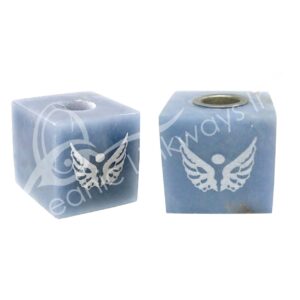 Angelite Cube-Shaped Mini Candle Holder with Angel Wings Design
