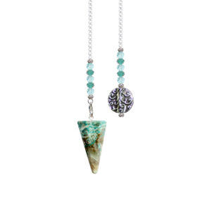 Chrysocolla Hexagonal Pendulum with Beaded Chain & a Tree Charm at the end.