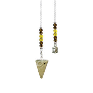 Pyrite Hexagonal Pendulum with Beaded Chain & a Buddha Charm at the end.