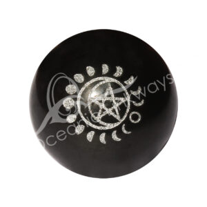 Black Tourmaline Sphere with Silver Moon Phase and Pentacle Design