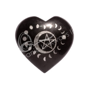 Engraved Pentacle and Moon Phases Black Tourmaline Heart