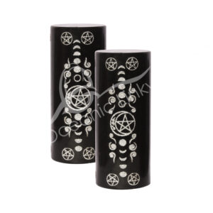 Black Tourmaline Silver Pentacle & Moon Phases Meditation Charger Cylinder (Pack of 2)