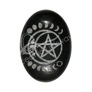Black Tourmaline Pälm Stone with Silver Moon Phase and Pentacle Design