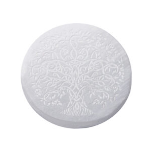 Round Flat Selenite Incense Holder Engraved with Tree of Life