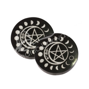 Black tourmaline Coaster with Silver Moon Phase and Pentacle Design (Pack of 2)