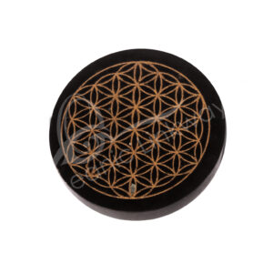 Black Tourmaline Coasters with Gold Flower of Life Design (Pack of 2)