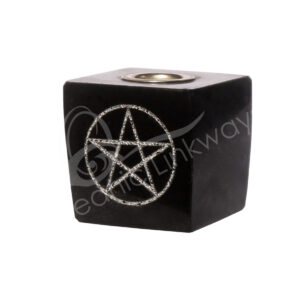 Black Tourmaline Cube-Shaped Mini Candle Holder with Pentacle