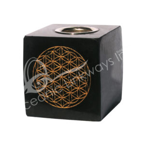 Black Tourmaline Cube-Shaped Mini Candle Holder with Gold Flower of Life