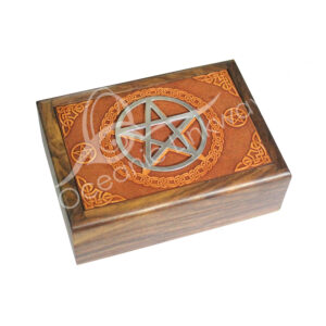 Acacia Wood Laser Engraved Pentacle Box with Silver Pentacle on Top