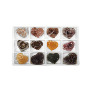 Polished Rainbow Amethyst A with Druse Heart Tray of 12 Pieces