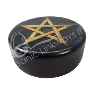 BOX - SOAPSTONE, BLACK PENTACLE BRASS INLAY 4"DIA