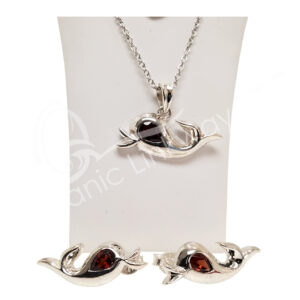 (CLOSE OUT) STERLING SILVER - SET EARRINGS AND PENDANT DOLPHIN GARNET
