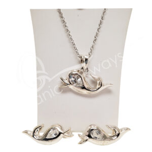 (CLOSE OUT) STERLING SILVER - SET EARRINGS & PENDANT DOLPHIN CRYSTAL