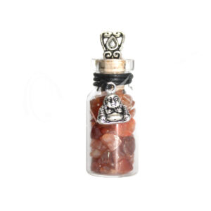 Carnelian Chips Stones in a bottle Necklace with a Happy Buddha Charm
