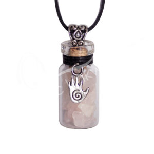 Rose Quartz Chips Stones in Bottle with a Spiral Hand Charm Necklace