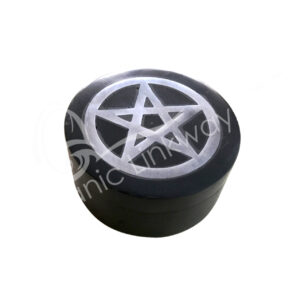 BOX - SOAPSTONE, BLACK PENTACLE SILVER INLAY 4"DIA