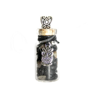 Black Tourmaline Chips Stones in a bottle Necklace with an Owl Charm