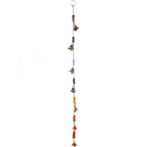 HANGING BELLS - BRASS CHAKRA W/RAINBOW GLASS BEADS ON BLUE CORD 28"