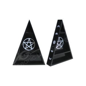 Black Triangle Wood Stones Display with a Moon Phases Design on the side and a Pentacle Design in the center.