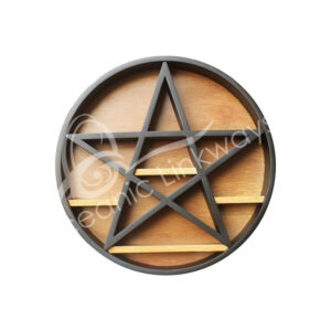 Natural Wood Stones Display with a Black Pentacle Design