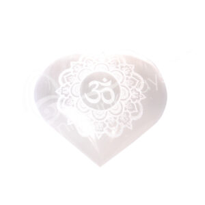 Engraved OM Lotus Polished Selenite Heart