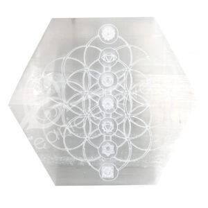 Selenite Hexagonal with Chakras on Flower of Life Plaque