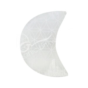 Polished Selenite Moon with Engraved Flower of Life