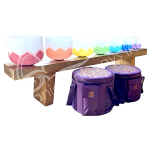 White Crystal Frosted Singing Bowl with Chakra Lotus Flower Design Tuned (Set of 7)