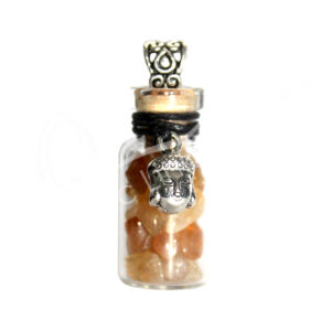 Citrine Chips Stones in a bottle Necklace with a Buddha Face Charm