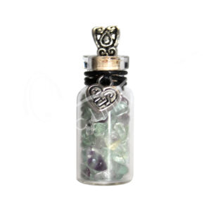 Fluorite Chips Stones in a bottle Necklace with a Celtic Heart Charm