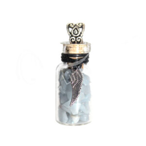 Angelite Chips Stones in a bottle Necklace with an Angel Wing Charm