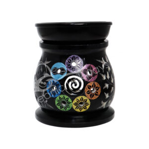 (CLOSE OUT) OIL BURNER - SOAPSTONE, BLACK WITH CHAKRAS 4"DIA X 5"H