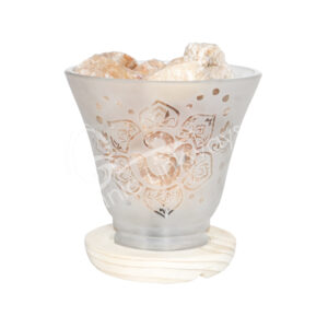 Citrine Chunks in Frosted Glass Lamp with Om in Lotus Flower